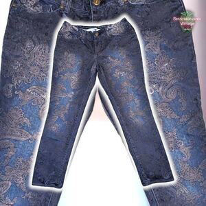 Vintage Y2K Whimsygoth Grey Velvet Damask Paisley Skinny Jeans, 14 Plus